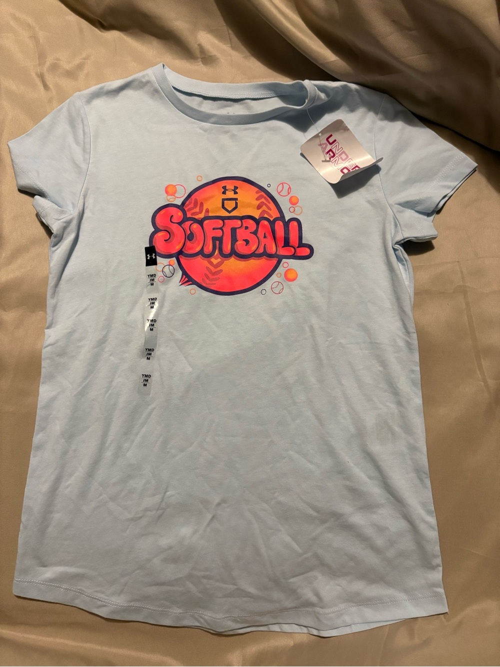 Under Armour Light Blue Girls' Softball Graphic Tee with Neon Pink & Orange Logo